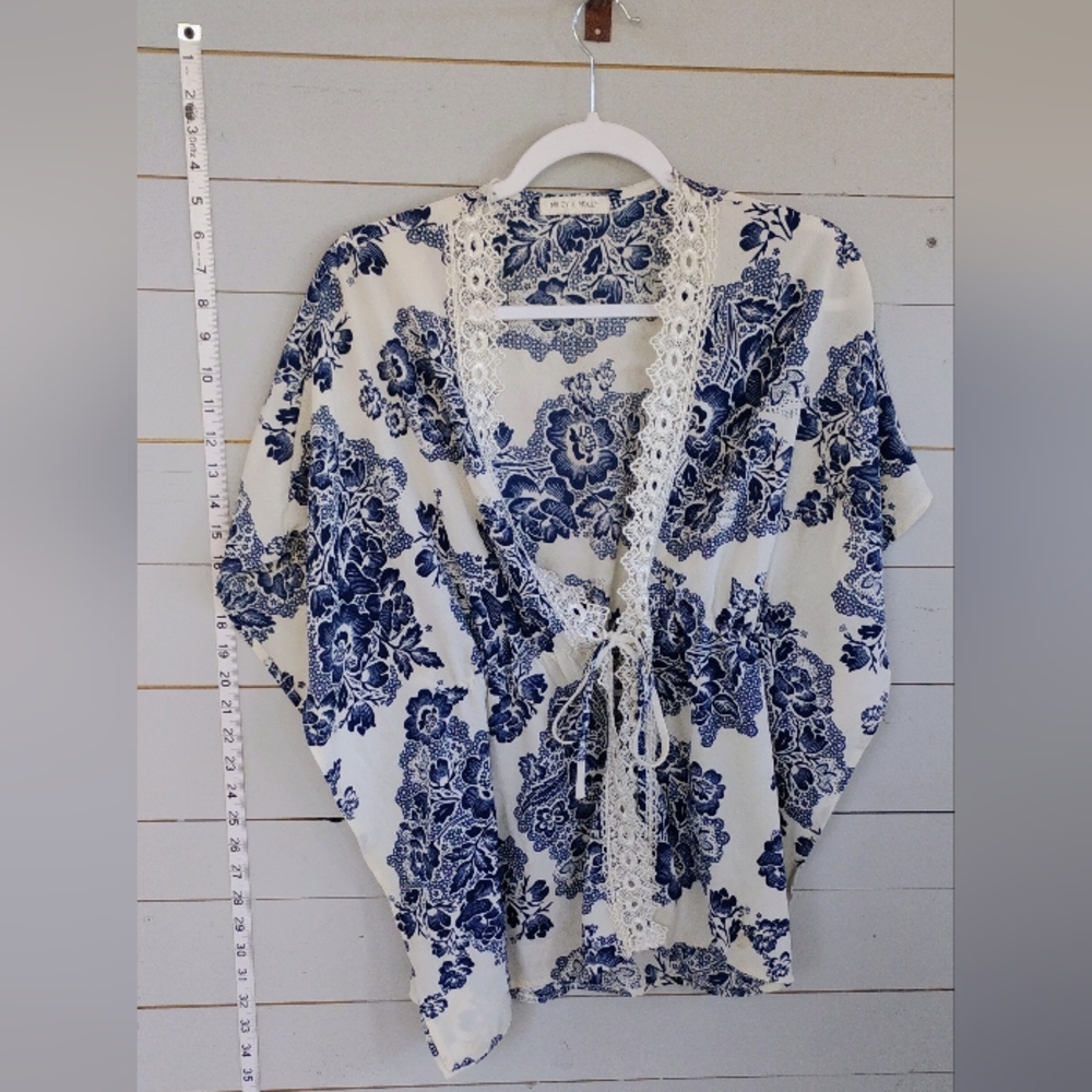 Floral Lace Trim Blouse - Blue and White